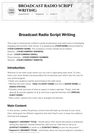 Free Broadcast Radio Script Writing Template to Edit Online