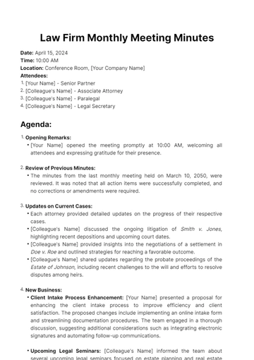 Free Law Firm Monthly Meeting Minutes Template to Edit Online