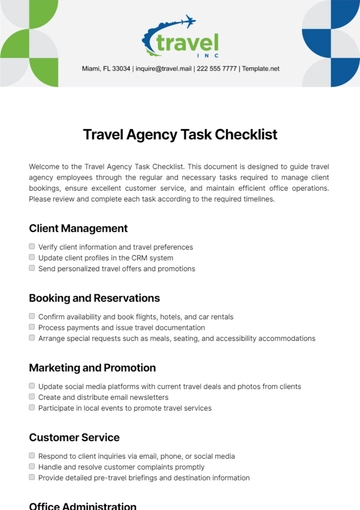 Free Travel Agency Task Checklist Template to Edit Online