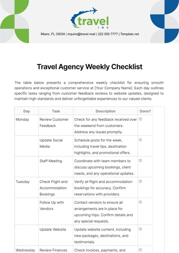 Free Travel Agency Weekly Checklist Template to Edit Online