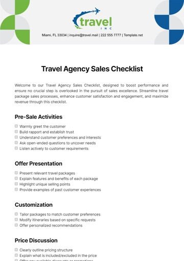 Free Travel Agency Sales Checklist Template to Edit Online