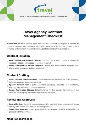 Free Travel Agency Contract Management Checklist Template to Edit Online