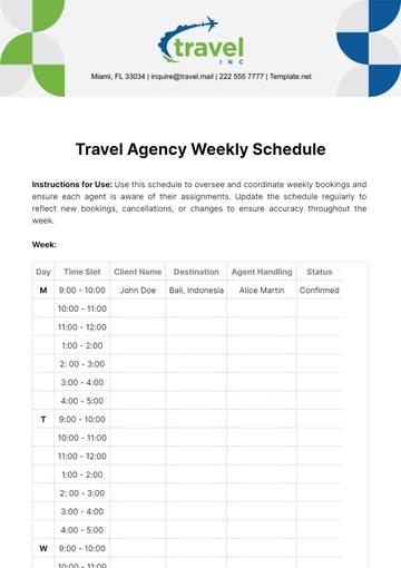 Free Travel Agency Weekly Schedule Template to Edit Online