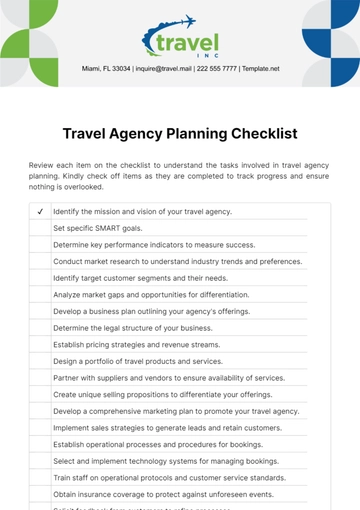 Free Travel Agency Planning Checklist Template to Edit Online
