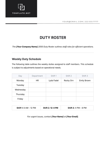 Free Duty Roster Template to Edit Online | Template.net