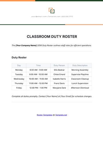 Free Classroom Duty Roster Template to Edit Online