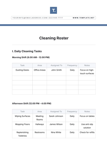 Free Cleaning Roster Template to Edit Online | Template.net
