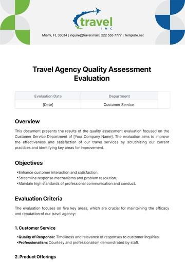Free Travel Agency Quality Assessment Evaluation Template to Edit Online