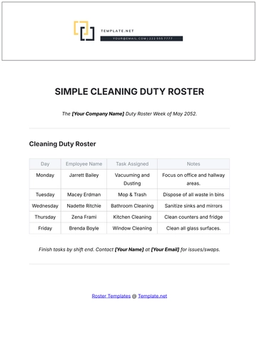 Free Simple Cleaning Duty Roster Template to Edit Online