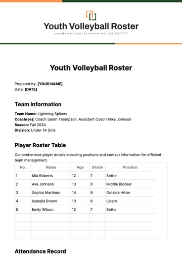 Free Youth Volleyball Roster Template to Edit Online