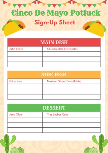 Free Cinco De Mayo Potluck Sign up Sheet Template to Edit Online