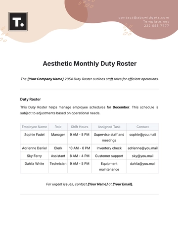 Free Monthly Duty Roster Template to Edit Online
