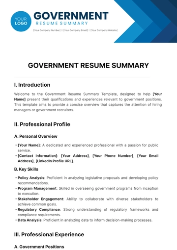Free Government Resume Summary Template to Edit Online