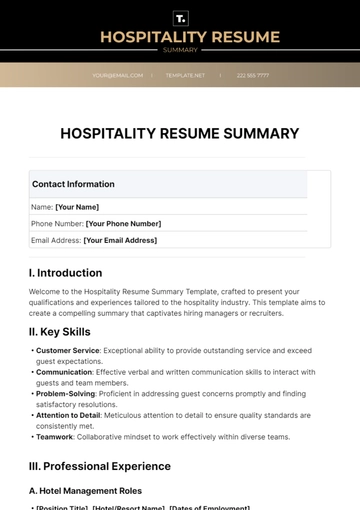 Free Hospitality Resume Summary Template to Edit Online