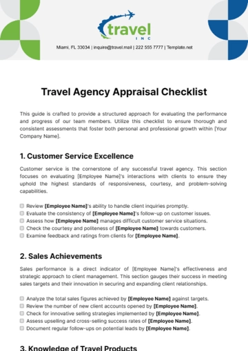 Free Travel Agency Appraisal Checklist Template to Edit Online