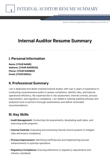Free Internal Auditor Resume Summary Template to Edit Online
