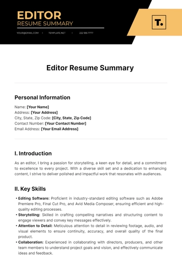 Free Editor Resume Summary Template to Edit Online