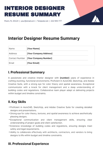 Free Interior Designer Resume Summary Template to Edit Online