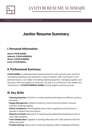 Free Janitor Resume Summary Template to Edit Online