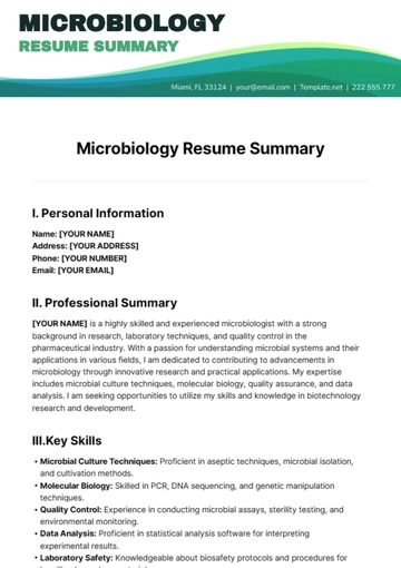 Free Microbiology Resume Summary Template to Edit Online