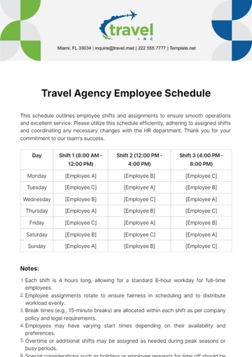 Free Travel Agency Employee Schedule Template to Edit Online
