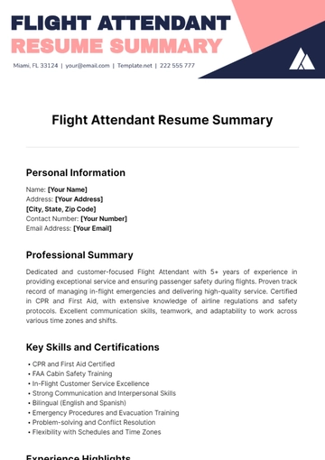 Free Flight Attendant Resume Summary Template to Edit Online