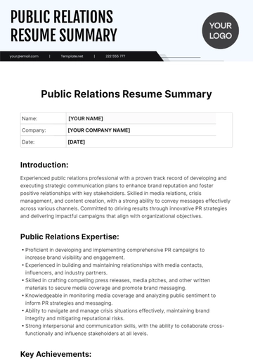 Free Public Relations Resume Summary Template to Edit Online