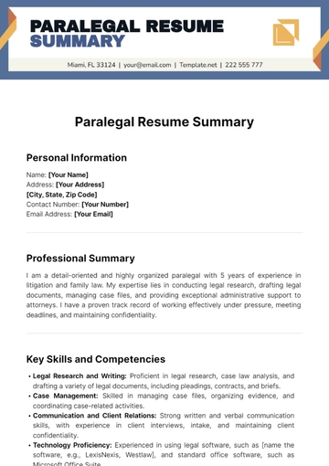 Free Paralegal Resume Summary Template to Edit Online