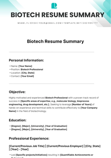 Free Biotech Resume Summary Template to Edit Online