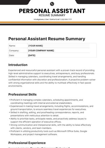 Free Personal Assistant Resume Summary Template to Edit Online