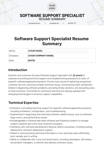 Free Software Support Specialist Resume Summary Template  to Edit Online