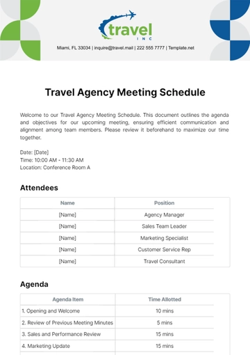 Free Travel Agency Meeting Schedule Template to Edit Online