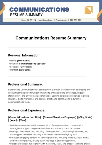 Free Communications Resume Summary Template to Edit Online