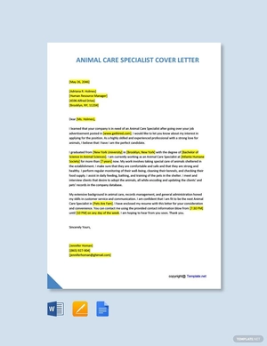 Animal Care Specialist Cover Letter