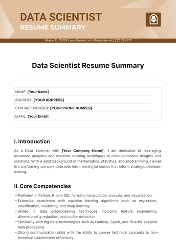 Free Data Scientist Resume Summary Template to Edit Online