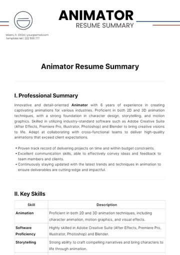 Free Animator Resume Summary Template to Edit Online