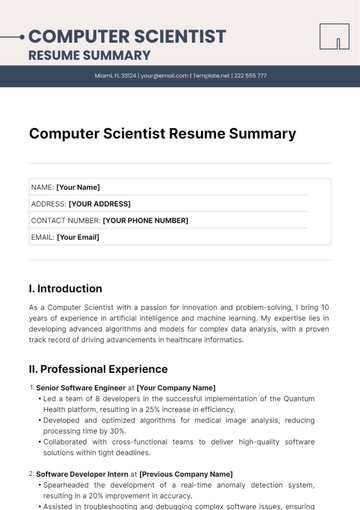Free Computer Scientist Resume Summary Template to Edit Online