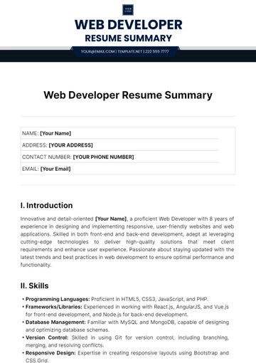 Free Web Developer Resume Summary Template to Edit Online