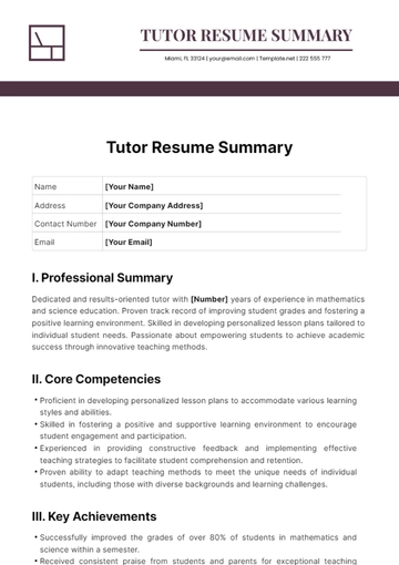 Free Tutor Resume Summary Template to Edit Online