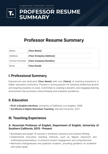 Free Professor Resume Summary Template to Edit Online
