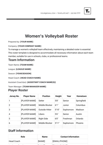 Free Women's Volleyball Roster Template to Edit Online
