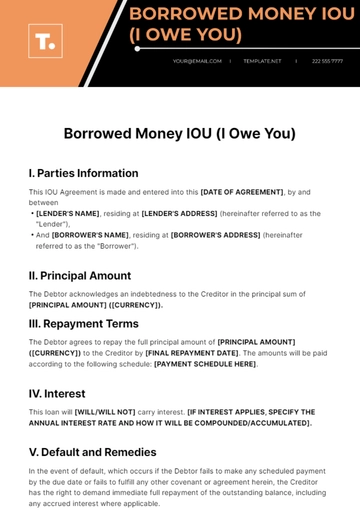 Free Borrowed Money IOU Template to Edit Online