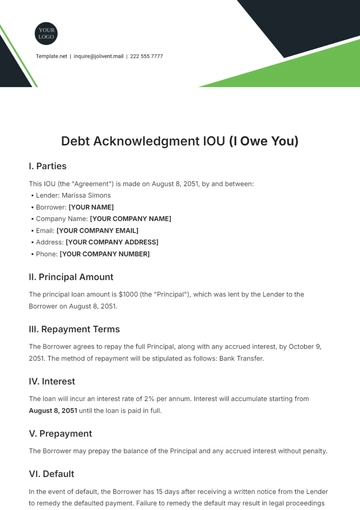 Free Debt Acknowledgment IOU Template to Edit Online