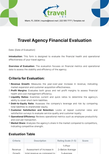 Free Travel Agency Financial Evaluation Template to Edit Online