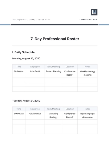 Free 7-Day Professional Roster Template to Edit Online | Template.net