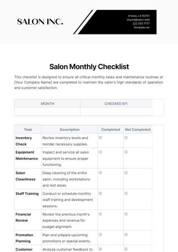 Free Salon Monthly Checklist Template to Edit Online