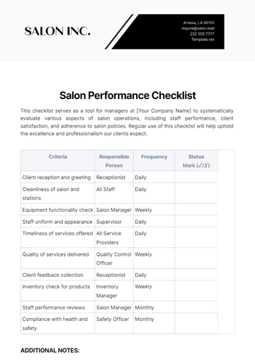 Free Salon Performance Checklist Template to Edit Online