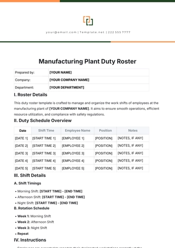 Free Manufacturing Plant Duty Roster Template to Edit Online