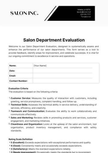 Free Salon Department Evaluation Template to Edit Online