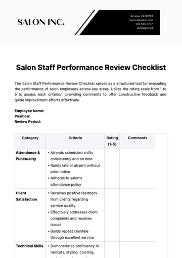 Free Salon Staff Performance Review Checklist Template to Edit Online